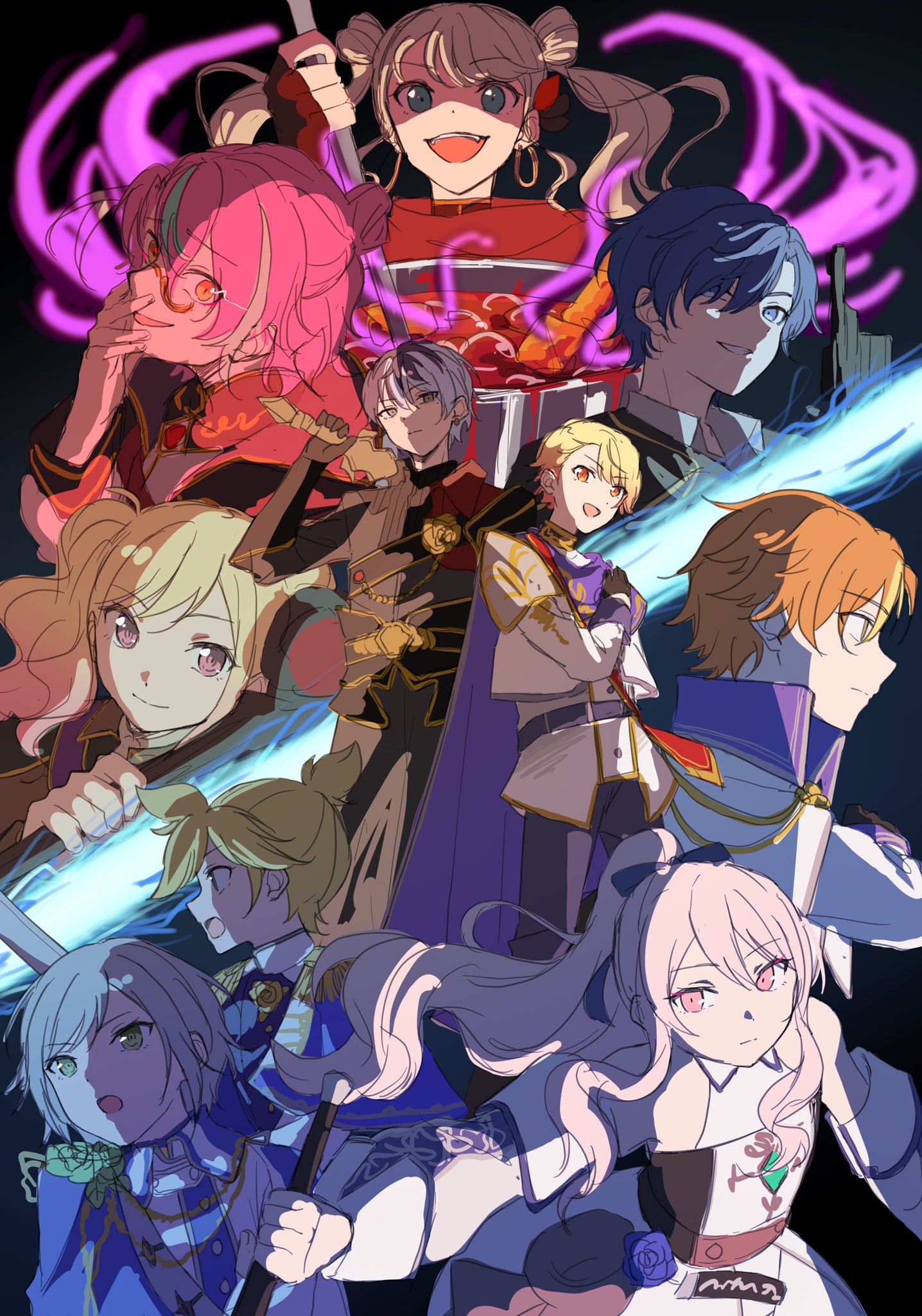 artist:amaka_(maka_prsk) character:akiyama_mizuki character:aoyagi_touya character:hatsune_miku character:hinomori_shiho character:kagamine_len character:kaito_(vocaloid) character:kamishiro_rui character:shinonome_akito character:tenma_saki character:tenma_tsukasa character:vivid_bad_squad_kaito character:vivid_bad_squad_miku copyright:project_sekai copyright:vocaloid deprecated:dark_blue_hair meta:commentary_request meta:highres 1other 3girls 6+boys aqua_hair black_background black_gloves blonde_hair blue_eyes blue_hair brother_and_sister closed_mouth collared_shirt detached_sleeves earrings gloves green_eyes grey_eyes grey_hair gun himitsu_no_valentine_daisakusen!_(project_sekai) holding holding_gun holding_ladle holding_weapon jewelry kaitou_shinshi_no_harahara!?_white_day_(project_sekai) ladle long_hair long_sleeves multicolored_hair multiple_boys multiple_girls never_give_up_cooking!_(project_sekai) official_alternate_costume official_alternate_hairstyle open_mouth orange_eyes orange_hair pink_eyes pink_hair ponytail purple_hair shirt short_hair siblings sidelocks streaked_hair teeth twintails two-tone_hair upper_body upper_teeth_only weapon
