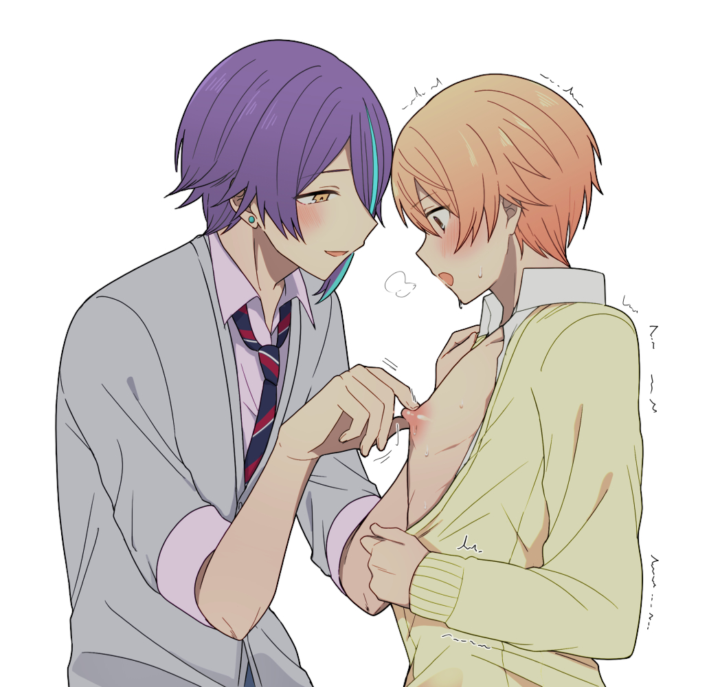 artist:7v_xyz character:kamishiro_rui character:tenma_tsukasa copyright:project_sekai 2boys aqua_hair blonde_hair blue_necktie blush brown_eyes cardigan collared_shirt diagonal-striped_clothes diagonal-striped_necktie earrings fingernails from_side gradient_hair grey_cardigan hair_behind_ear hair_over_one_eye hand_on_another's_shoulder jewelry long_sleeves looking_at_another looking_down multicolored_hair multiple_boys necktie nipple_stimulation nipple_tweak nipples open_clothes open_mouth open_shirt orange_hair purple_hair purple_shirt red_necktie shirt short_hair short_sleeves smile streaked_hair striped_clothes striped_necktie stud_earrings sweat trembling upper_body white_background white_necktie white_shirt yaoi yellow_cardigan yellow_eyes